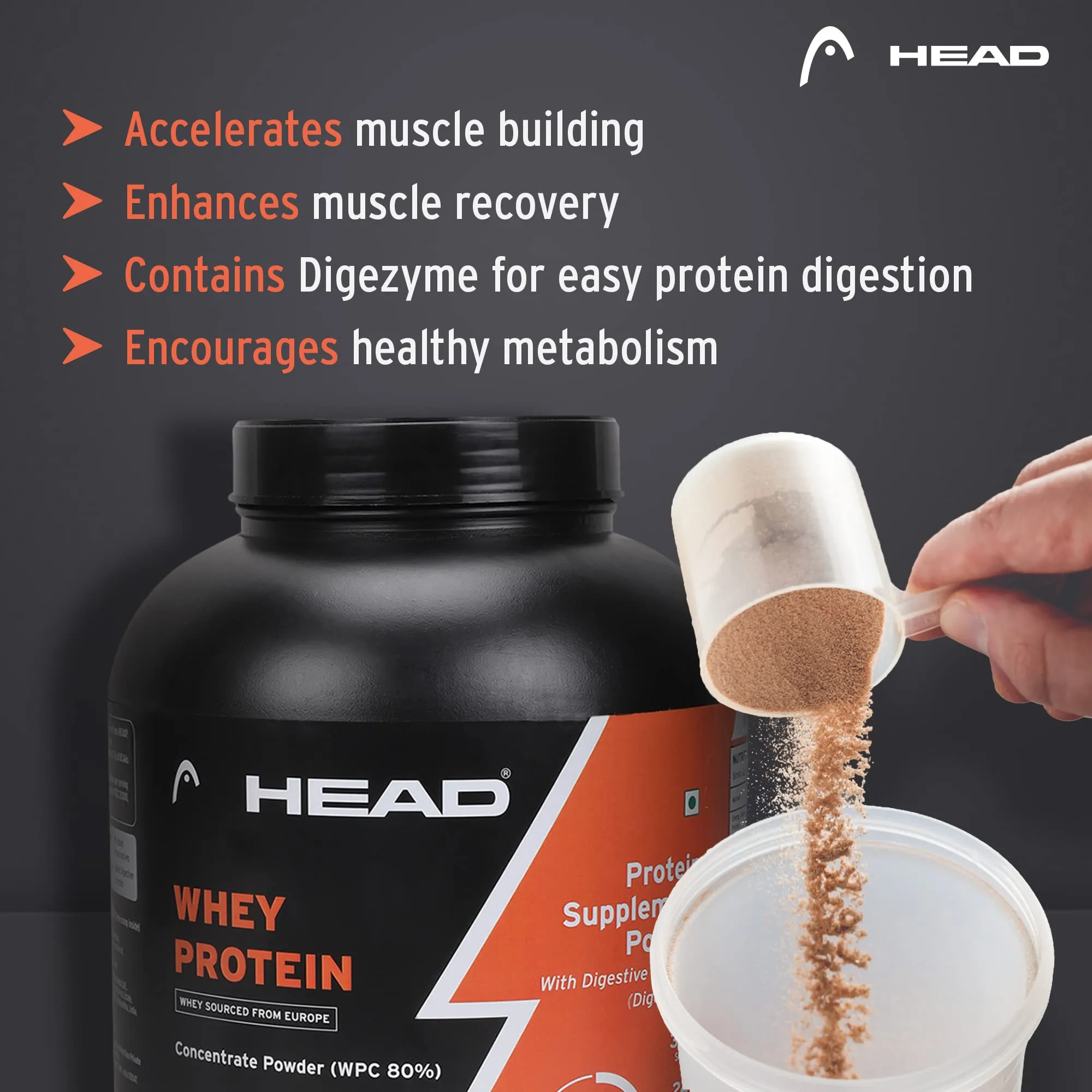 Head Premium 100% Whey Protein Concentrate Powder, Pack of 2Kg, Mocha Coffee Flavor, 60 Servings, for Athletes, Sports & Fitness Enthusiast, Muscle Strength & Bone Health, Sugarfree, for Daily Protein Intake