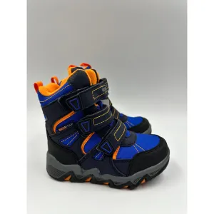 Small Kid Size 9.5, High Top Water Proof Blue and Black Snowboot with Orange Accents