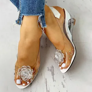 Sohiwoo Clear Slingback Flower Rhinestone Sandals